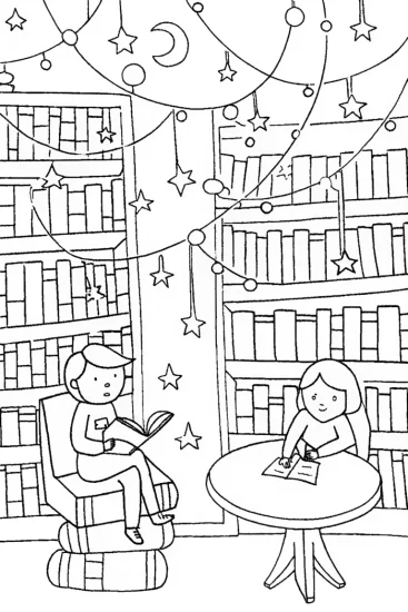 A coloring page of Rainbow High Students in a Magical Library Coloring Page