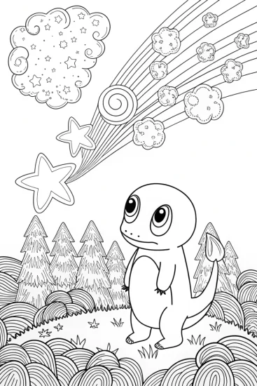 A coloring page of Charmander’s Meteor Shower Adventure Coloring Page