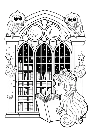 A coloring page of The Princess of the Enchanted Library Coloring Page