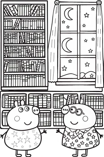 A coloring page of Peppa Pig’s Adventure in the Enchanted Library Coloring Page
