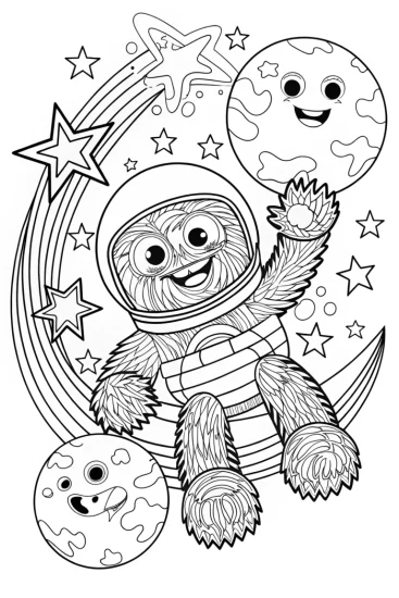 A coloring page of Huggy Wuggy’s Space Exploration Coloring Page