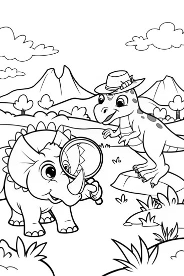 A coloring page of Dino detectives on a fossil quest