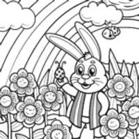 Rainbow Bunny in a Magical Garden Coloring Page