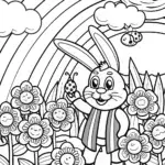 Rainbow Bunny in a Magical Garden Coloring Page