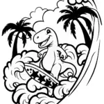 Dino Surfing Adventure Coloring Page