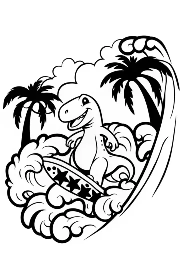 A coloring page of Dino Surfing Adventure Coloring Page
