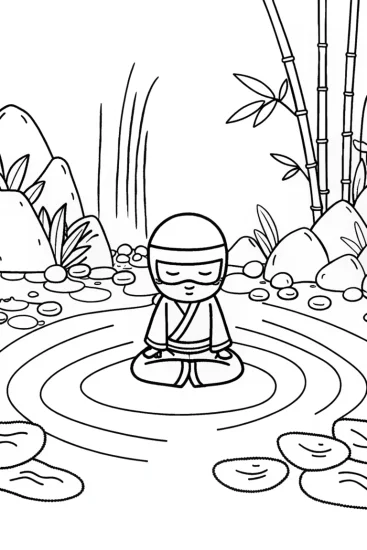 A coloring page of Ninja Zen Garden Retreat Coloring Page