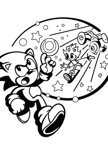 A coloring page of Sonic dashing through time and space