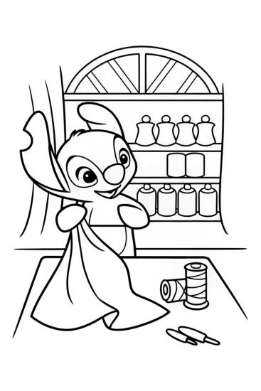 A coloring page of Stitch’s Cozy Craft Corner Coloring Page