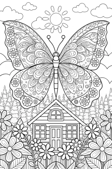 A coloring page of Butterfly Architect Building a Floral Home