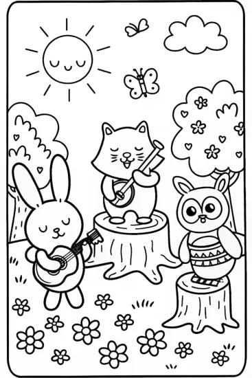 A coloring page of Woodland Animals Orchestra Coloring Page