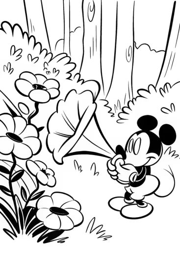 A coloring page of Mickey Mouse and the Enchanted Music Garden Coloring Page