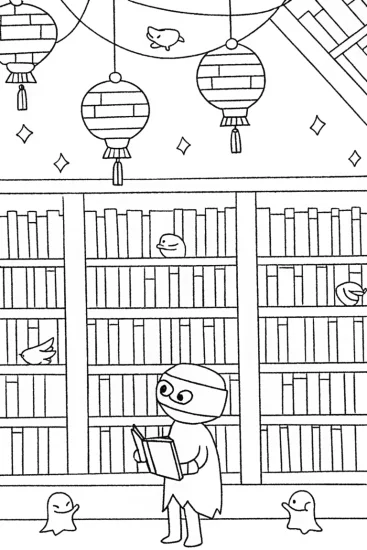 A coloring page of Ninja in the Enchanted Library Coloring Page