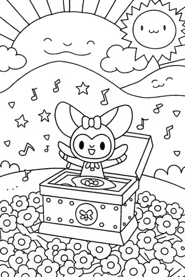 A coloring page of Kuromi’s Enchanted Music Box Coloring Page