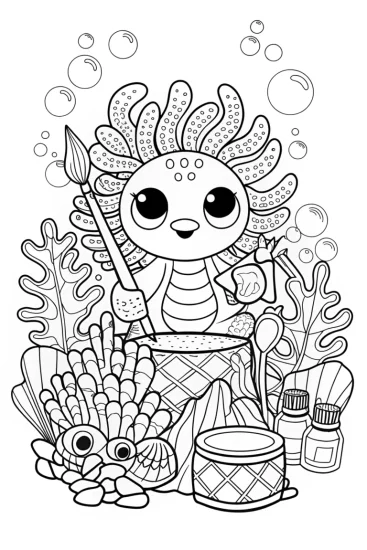 A coloring page of Axolotl Crafting Coral Coloring Page