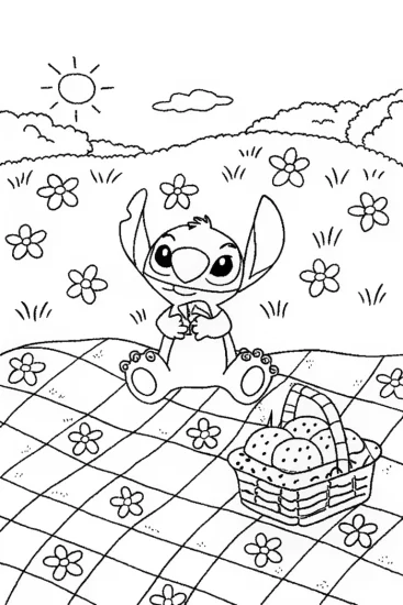 A coloring page of Stitch’s Cozy Patchwork Picnic Coloring Page