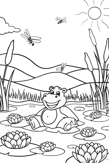 A coloring page of A Hippo’s Day at the Riverbank Coloring Page
