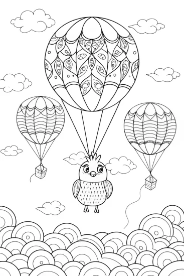 A coloring page of Chick’s Fluffy Balloon Journey Coloring Page