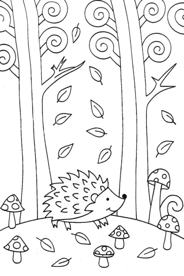 A coloring page of The Autumn Adventure of the Curious Hedgehog