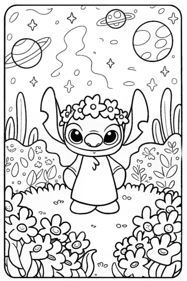 A coloring page of Stitch’s Galactic Garden Party Coloring Page