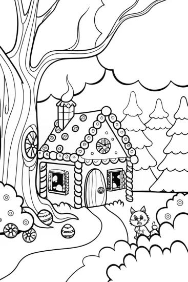 A coloring page of Gingerbread Adventure in the Enchanted Forest