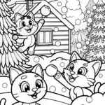 Playful Kittens Snowball Fight Coloring Page