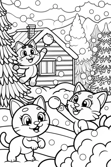 A coloring page of Playful Kittens Snowball Fight Coloring Page