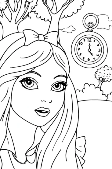 A coloring page of Alice and the Curious Timekeeper Coloring Page