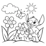 Stitch’s Quirky Garden Adventure Coloring Page