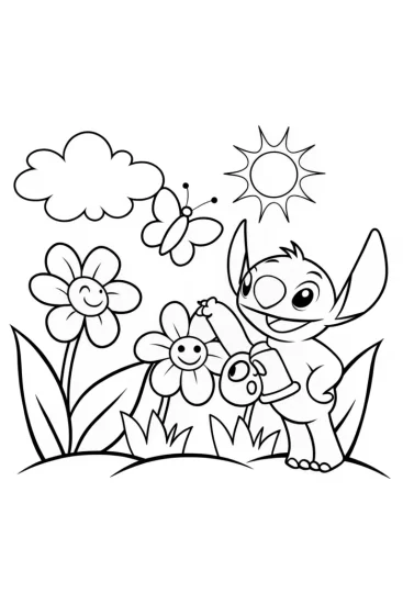 A coloring page of Stitch’s Quirky Garden Adventure Coloring Page