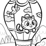 The Cat’s Hot Air Balloon Adventure Coloring Page