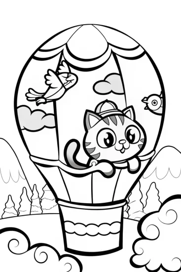A coloring page of The Cat’s Hot Air Balloon Adventure Coloring Page