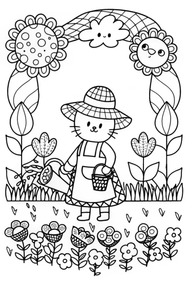 A coloring page of Hello Kitty’s Garden of Whimsy Coloring Page