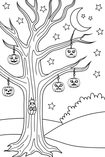 A coloring page of Whimsical Halloween Tree Coloring Page