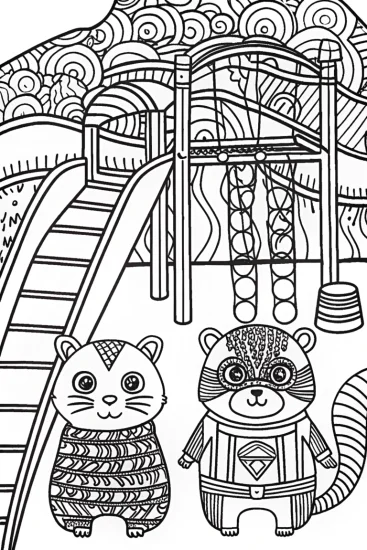 A coloring page of Superhero Hamster and Ferret Playground Coloring Page