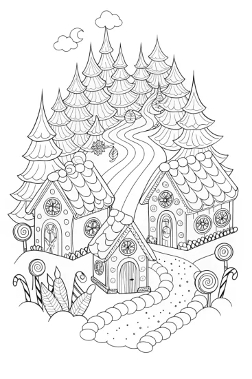 A coloring page of Gingerbread House Fantasy Forest Coloring Page