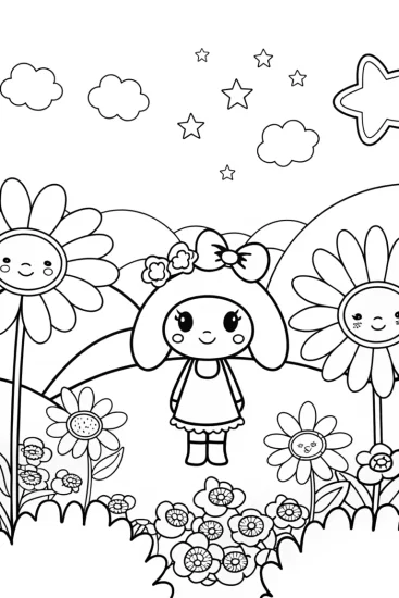 A coloring page of My Melody’s Magical Star Garden Coloring Page