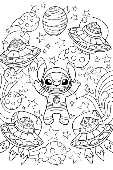 A coloring page of Stitch’s Galactic Adventure Coloring Page