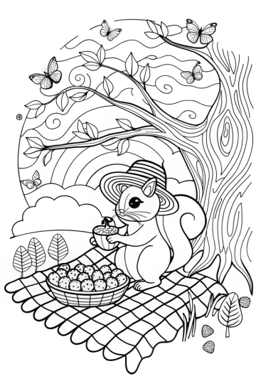 A coloring page of Sunset Squirrel’s Summer Feast Coloring Page