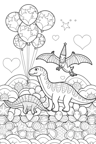 A coloring page of Dinosaur Parade in the Clouds Coloring Page