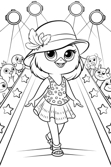 A coloring page of Chick’s Fashion Show Coloring Page