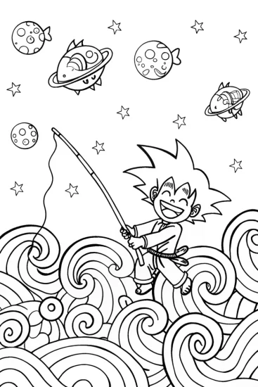 A coloring page of Goku’s Galactic Fishing Expedition Coloring Page