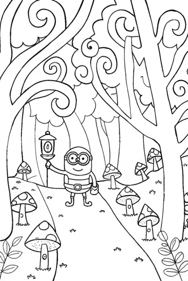 A coloring page of Minion in a Magical Woodland Coloring Page