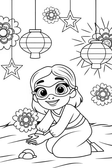 A coloring page of Mirabel decorating lanterns for the festival