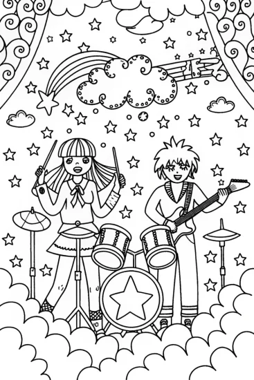 A coloring page of Anime Band Performance Coloring Page