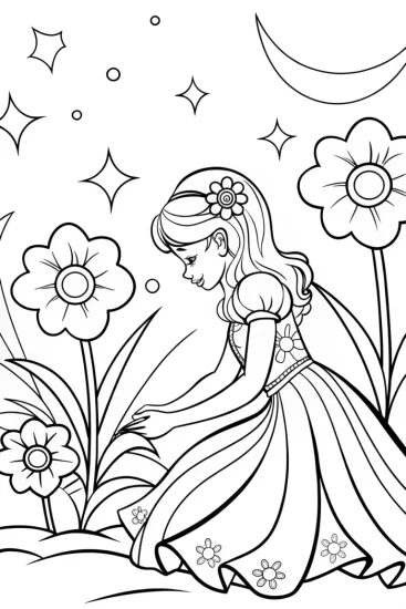 A coloring page of The Princess and the Starlit Garden Coloring Page