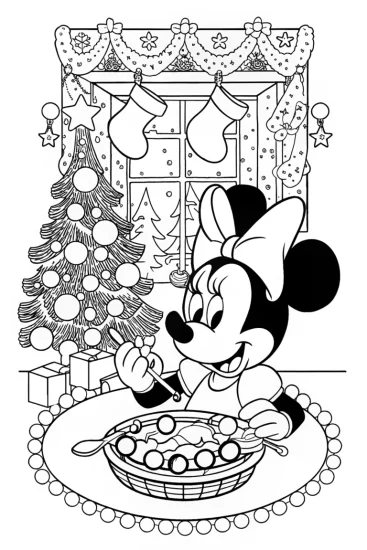 A coloring page of Minnie Mouse’s Christmas Crafting Corner Coloring Page