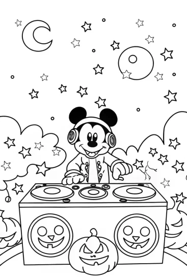 A coloring page of Mickey Mouse Halloween DJ Coloring Page