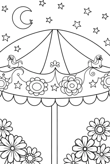 A coloring page of Whimsical Flower Carousel Coloring Page