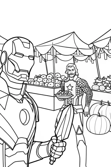 A coloring page of Avengers at the Galactic Market Coloring Page